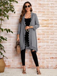 SHEIN LUNE Abrigo con encaje en contraste con parte delantera abierta - Gris - Ver 4
