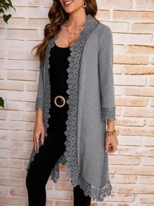 SHEIN LUNE Abrigo con encaje en contraste con parte delantera abierta - Gris - Ver 5