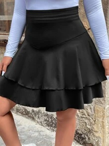 Celure Plus High Waist Two Layer Hem Skirt - Black - View 5