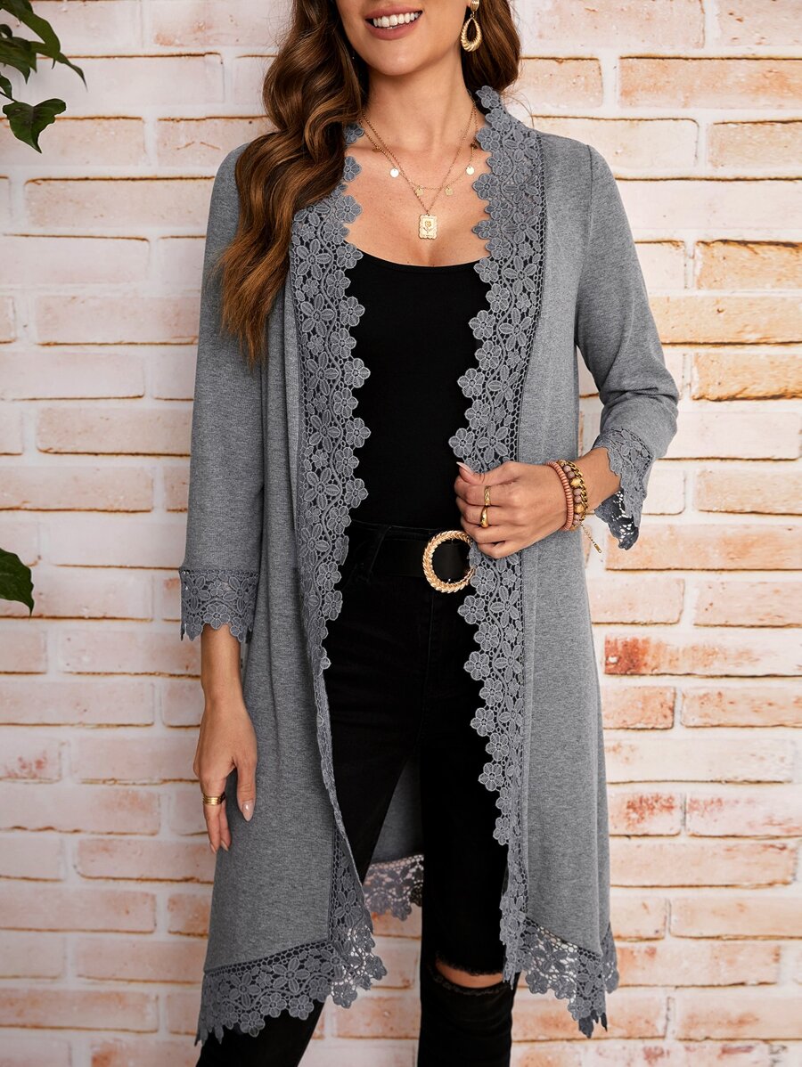SHEIN LUNE Abrigo con encaje en contraste con parte delantera abierta - Gris - Ver 1