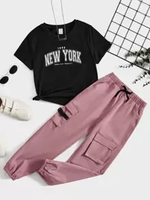 SHEIN T-shirt Gráfica De Menina Adolescente Com Letra E Calça Cargo Com Cintura Com Cordão