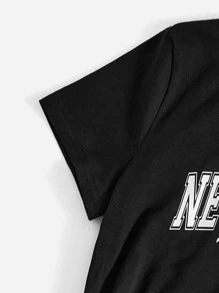 SHEIN T-shirt Gráfica De Menina Adolescente Com Letra E Calça Cargo Com Cintura Com Cordão