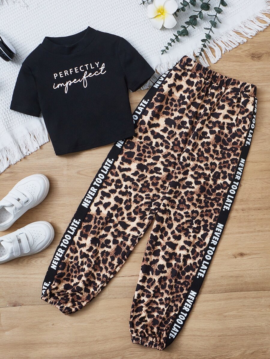 SHEIN Girls Letter Graphic Tee & Leopard Print Joggers - Multicolor - View 1
