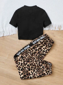 SHEIN Girls Letter Graphic Tee & Leopard Print Joggers - Multicolor - View 2