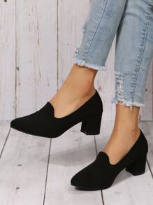 Faux Suede Point Toe Chunky Heeled Loafer Pumps - Black - View 2