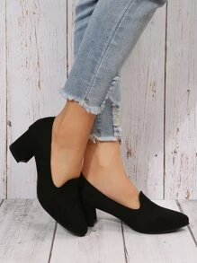 Faux Suede Point Toe Chunky Heeled Loafer Pumps - Black - View 3