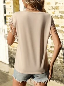 SHEIN LUNE Fringe Trim Dolman Sleeve Tee - Apricot - View 2