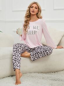 Conjunto de pijama con estampado de leopardo y slogan