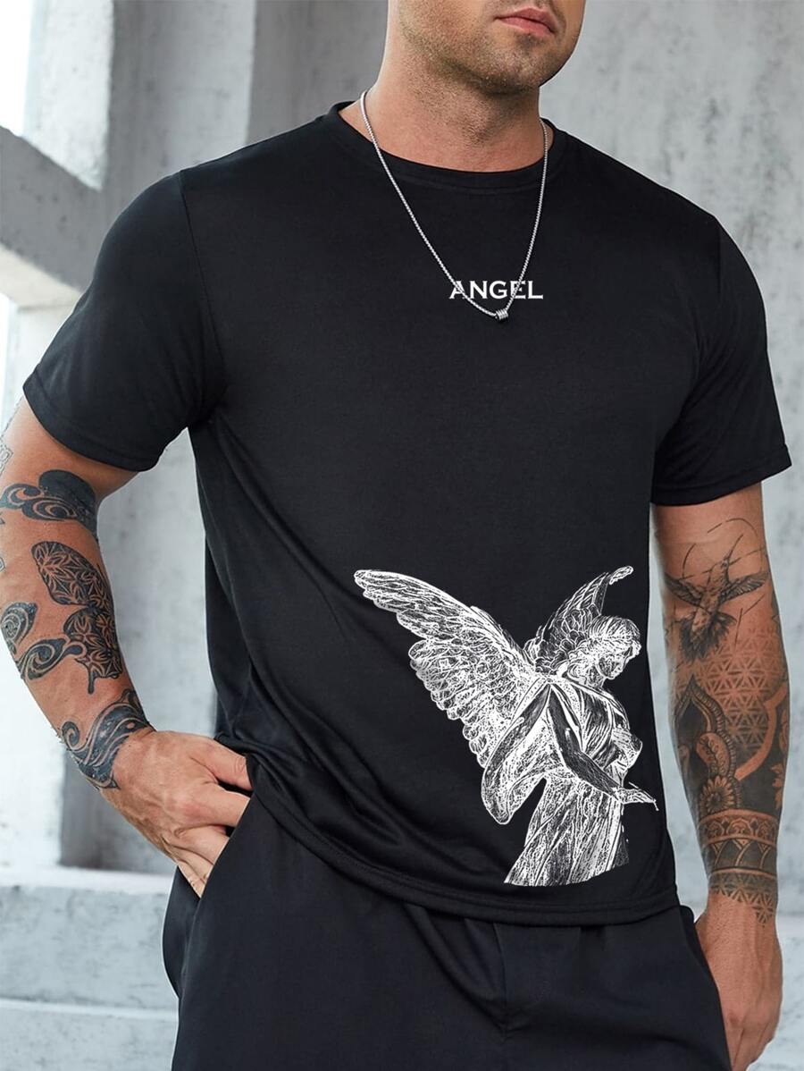 Manfinity 男士字母和天使印花T恤 - 黑色 - 查看 1