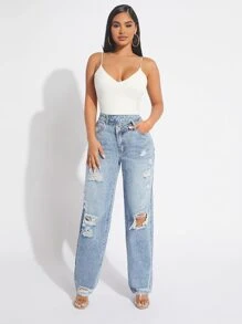 SHEIN SXY Jeans de pierna recta desgarro - Lavado ligero - Ver 3