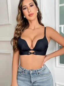Elegant Black Plunge Bra For Women With Unique Front Clasp Detail And Slight Stretch Fabric - Black - View 3