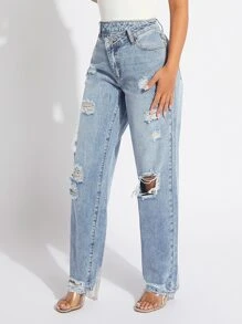 SHEIN SXY Jeans de pierna recta desgarro - Lavado ligero - Ver 4