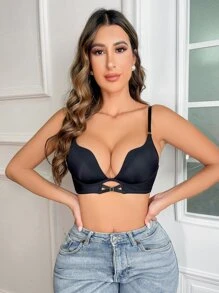 Elegant Black Plunge Bra For Women With Unique Front Clasp Detail And Slight Stretch Fabric - Black - View 5