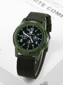 時尚、運動、休閒風格、男士綠色帆布石英腕錶 - 軍綠色 - 查看 2