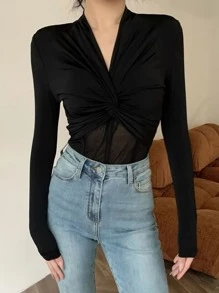 DAZY Twist Front Contrast Mesh Tee Long Sleeve - Black - View 1