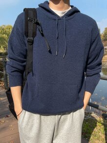 DAZY Men Solid Kangaroo Pocket Drop Shoulder Drawstring Hooded Jumper - Navy Blue - View 1