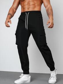 Manfinity Men Drawstring Waist Flap Pocket Side Cargo Trousers - Black - View 1
