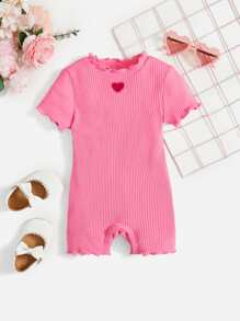 SHEIN Leap Crew Đứa bé gái Hình trái tim Cắt dán Ren Mộc nhĩ Đồ đan Ribbed Romper - Hồng - Xem 1