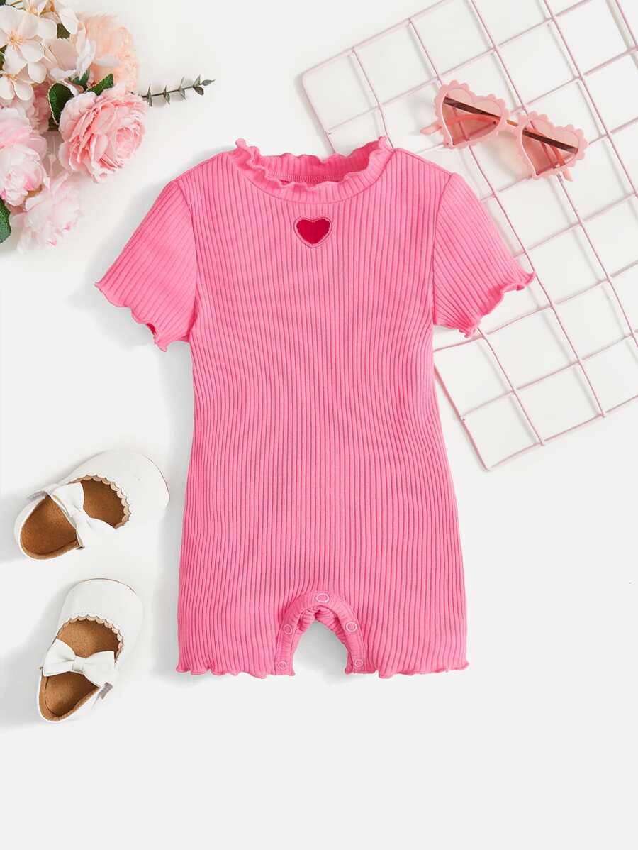 SHEIN Leap Crew Đứa bé gái Hình trái tim Cắt dán Ren Mộc nhĩ Đồ đan Ribbed Romper - Hồng - Xem 1
