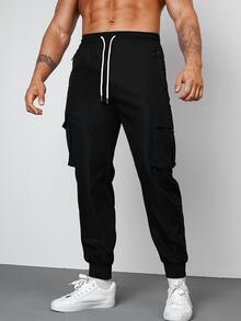 Manfinity Men Drawstring Waist Flap Pocket Side Cargo Trousers - Black - View 3