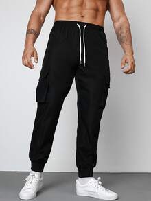 Manfinity Men Drawstring Waist Flap Pocket Side Cargo Trousers - Black - View 4