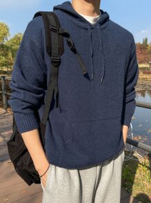 DAZY Men Solid Kangaroo Pocket Drop Shoulder Drawstring Hooded Jumper - Navy Blue - View 3