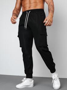 Manfinity Men Drawstring Waist Flap Pocket Side Cargo Trousers - Black - View 6