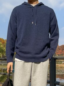 DAZY Men Solid Kangaroo Pocket Drop Shoulder Drawstring Hooded Jumper - Navy Blue - View 4