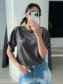 DAZY Slogan Graphic Drop Shoulder Tee Athletic League CAPABLE ENRICH EVERY DAY PLEASURE Oversized T-Shirt - Dark Grey - View 3