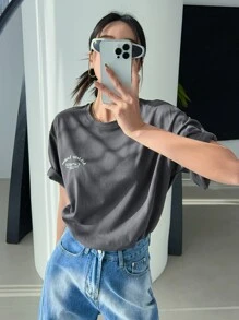 DAZY Slogan Graphic Drop Shoulder Tee Athletic League CAPABLE ENRICH EVERY DAY PLEASURE Oversized T-Shirt - Dark Grey - View 5