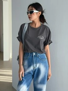 DAZY Slogan Graphic Drop Shoulder Tee Athletic League CAPABLE ENRICH EVERY DAY PLEASURE Oversized T-Shirt - Dark Grey - View 6