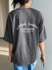 DAZY Slogan Graphic Drop Shoulder Tee Athletic League CAPABLE ENRICH EVERY DAY PLEASURE Oversized T-Shirt - Dark Grey - View 9