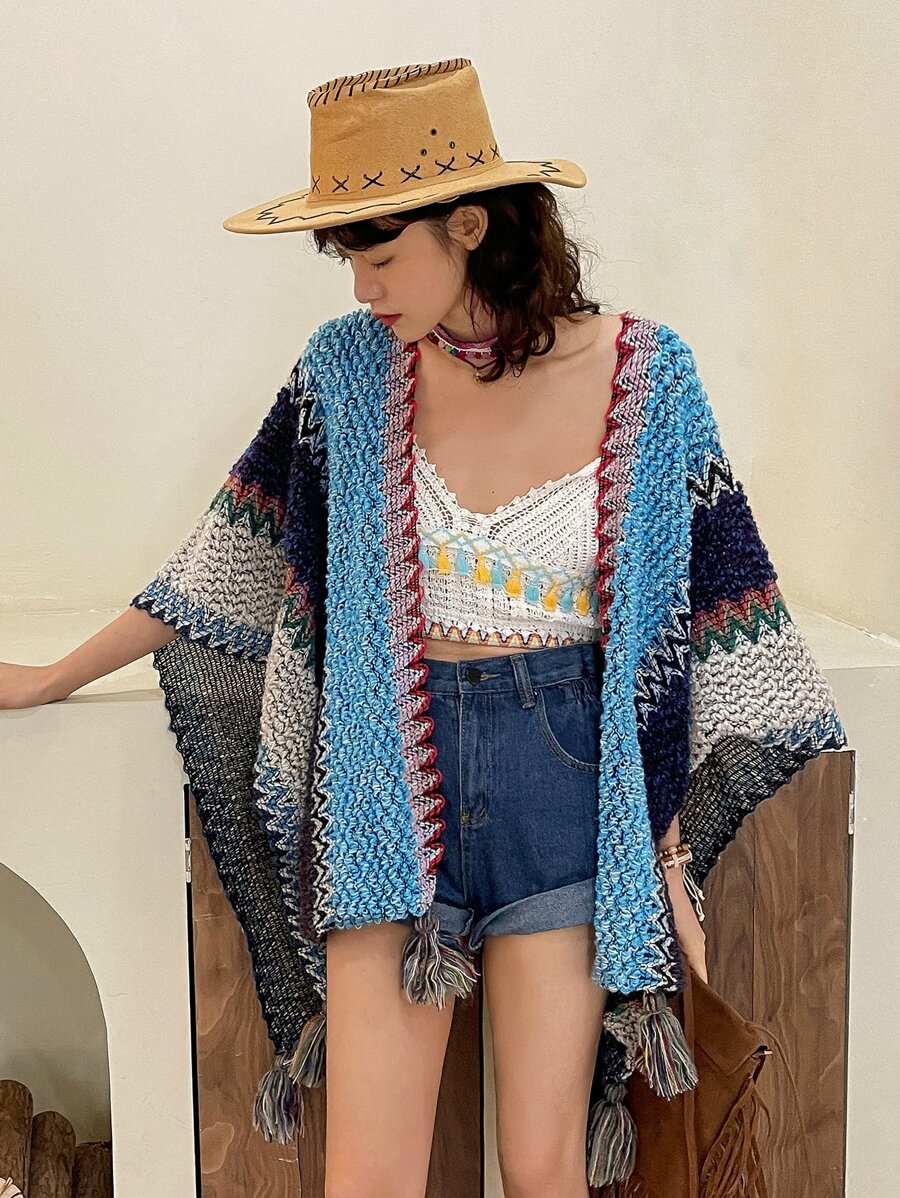 DAZY Cárdigan de color combinado ribete con fleco - Multicolor - Ver 1