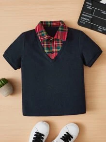 SHEIN 小男童格紋印花POLO衫