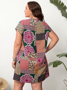 EMERY ROSE 大碼色塊拼接圖案蝙蝠袖直筒洋裝 - 彩色 - 查看 2