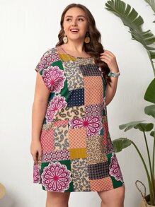 EMERY ROSE 大碼色塊拼接圖案蝙蝠袖直筒洋裝 - 彩色 - 查看 4