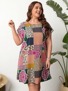 EMERY ROSE 大碼色塊拼接圖案蝙蝠袖直筒洋裝 - 彩色 - 查看 5