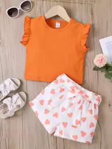 小女童荷葉邊上衣和愛心圖案附腰帶短褲 - 彩色 - 查看 3