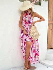 SHEIN VCAY Vestido halter con estampado bajo con fruncido con cinturón - Multicolor - Ver 5