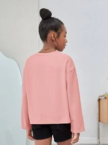 SHEIN Girls Notched Neck Drop Shoulder High Low Hem Tee - Coral Pink - View 2