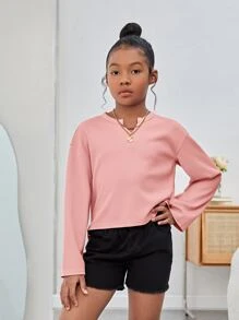 SHEIN Girls Notched Neck Drop Shoulder High Low Hem Tee - Coral Pink - View 3