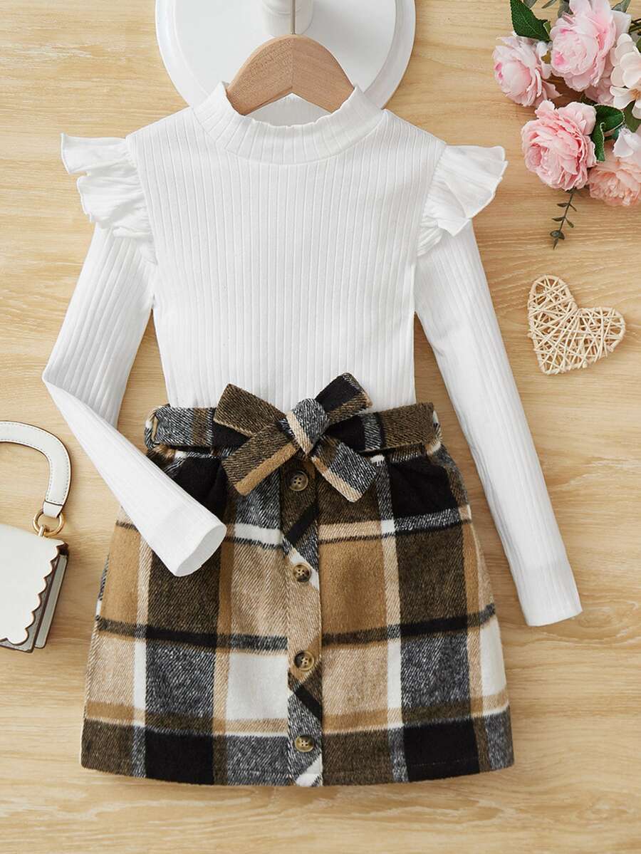 SHEIN Chicas Camiseta tejido de canalé ribete con fruncido & Falda con estampado de cuadros con cinturón - Multicolor - Ver 1