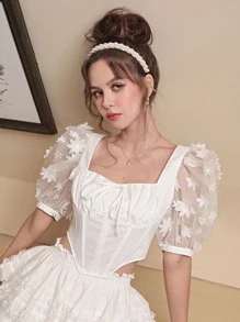 SHEIN MOD Floral Appliques Ruched Bust Asymmetrical Hem Crop Top - White - View 1