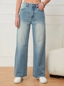 Slant Pocket Wide Leg Jeans - Medium Wash - View 1