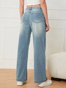 Slant Pocket Wide Leg Jeans - Medium Wash - View 2