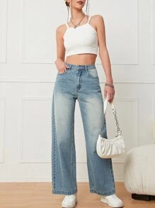 Slant Pocket Wide Leg Jeans - Medium Wash - View 3