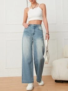 Slant Pocket Wide Leg Jeans - Medium Wash - View 4