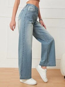 Slant Pocket Wide Leg Jeans - Medium Wash - View 5