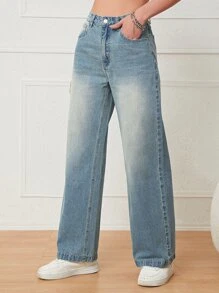Slant Pocket Wide Leg Jeans - Medium Wash - View 6