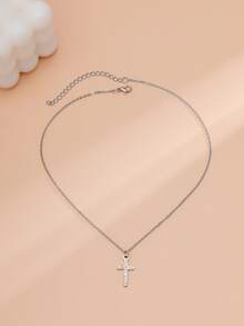 方晶鋯石十字吊墜項鍊 - 銀色 - 查看 2